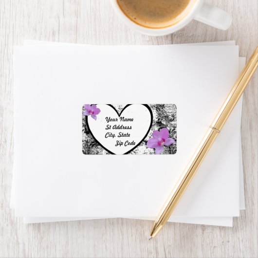 Label, Zwart en Wit Hart, Roze Orchideeën Etiket (Insitu)