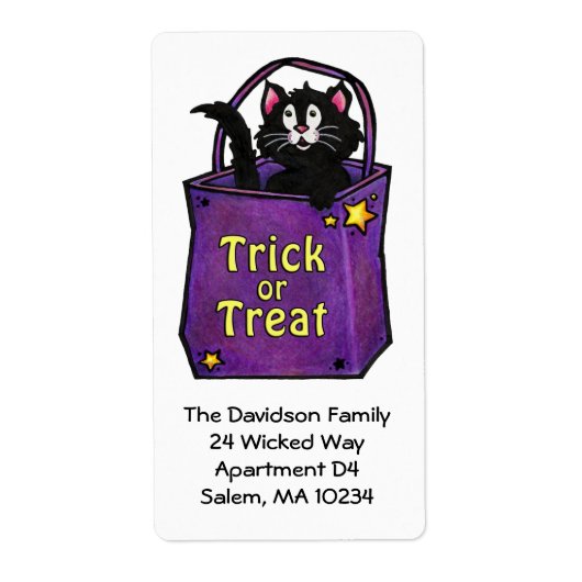 Label zwart katteadres "Trick or treat" (Voorkant)
