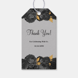 Labels met een donkerbruine of goudbloem cadeaulabel