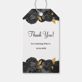 Labels met een donkerbruine of goudbloem cadeaulabel