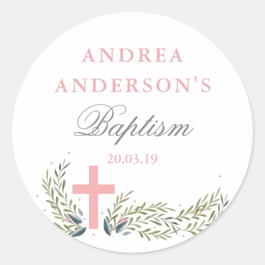 Labels met roze Floral Baptism Sticker (Voorkant)