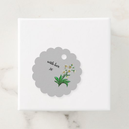 labels met witte amazon lily (In situ)