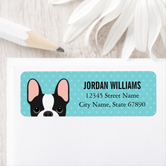 Labels op het Franse bulldog-adres (Insitu)