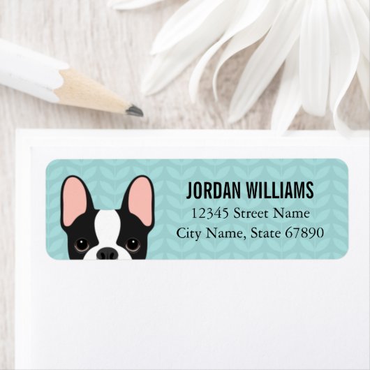 Labels op het Franse bulldog-adres (Insitu)