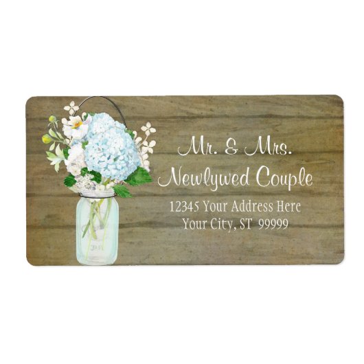 Labels Rustiek Land Mason Jar Blauw Hydrangeas (Voorkant)