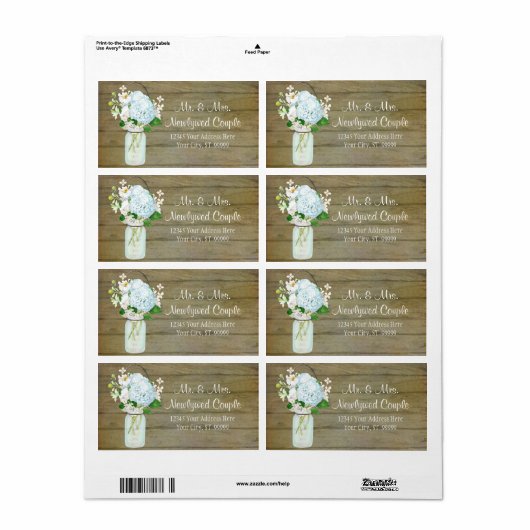Labels Rustiek Land Mason Jar Blauw Hydrangeas (Full Sheet)