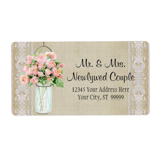 Labels Rustiek Land Mason Jar Blush Roze Rozen (Voorkant)