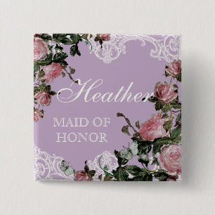 Labels van de Bridal-partij, Trellis Roos Vintage Vierkante Button 5,1 Cm
