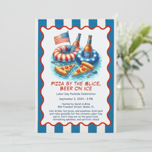 Labor Day Pizza Bier Pool Party Uitnodiging (Staand voorkant)