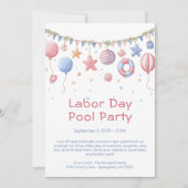 Labor Day Pool Party Rood Wit en Blauw Uitnodiging (Voorkant)