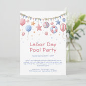 Labor Day Pool Party Rood Wit en Blauw Uitnodiging (Staand voorkant)