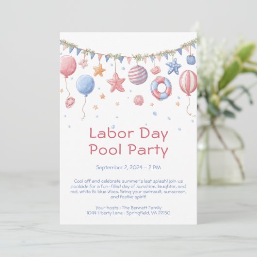 Labor Day Pool Party Rood Wit en Blauw Uitnodiging (Staand voorkant)
