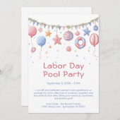 Labor Day Pool Party Rood Wit en Blauw Uitnodiging (Voorkant / Achterkant)