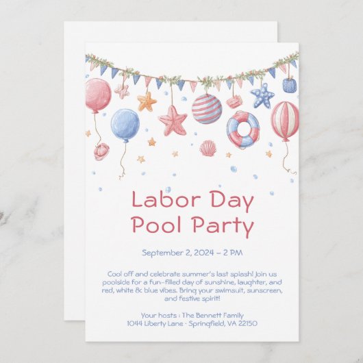 Labor Day Pool Party Rood Wit en Blauw Uitnodiging (Voorkant / Achterkant)