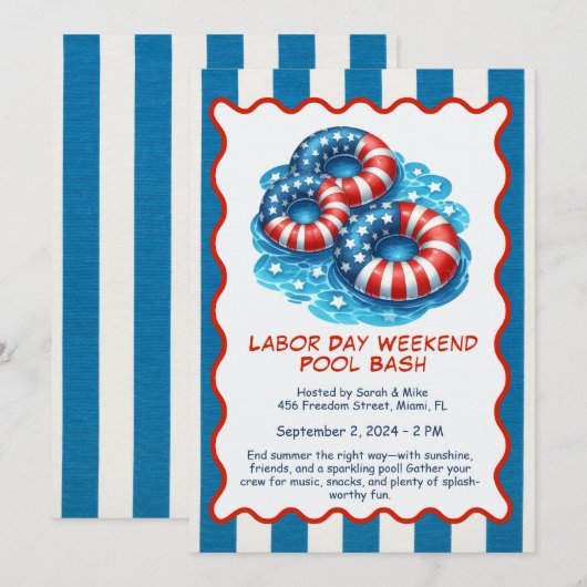 Labor Day Pool Party Rood Wit en Blauw Uitnodiging (Voorkant / Achterkant)
