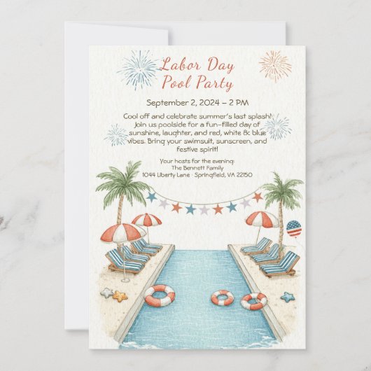 Labor Day Pool Party Rood Wit en Blauw Uitnodiging (Voorkant)