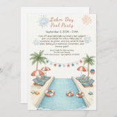 Labor Day Pool Party Rood Wit en Blauw Uitnodiging (Voorkant / Achterkant)
