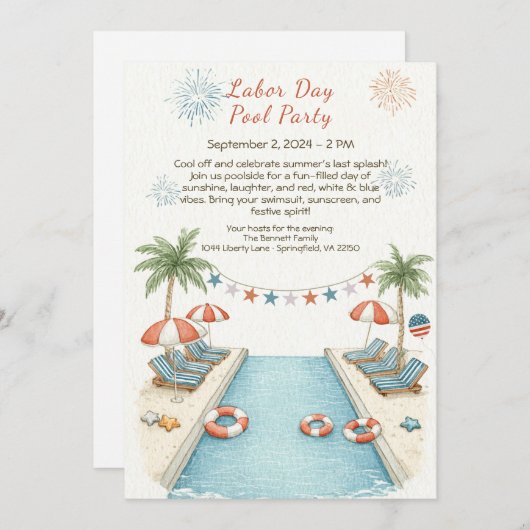 Labor Day Pool Party Rood Wit en Blauw Uitnodiging (Voorkant / Achterkant)