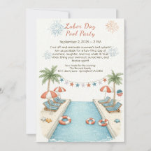 Labor Day Pool Party Rood Wit en Blauw Uitnodiging