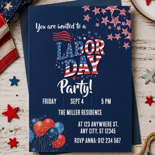 Labor Day Rood Wit Blauw Vuurwerk Feest Kaart