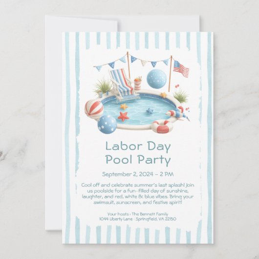 Labor Day zwembadfeest uitnodiging rood wit en bla (Voorkant)