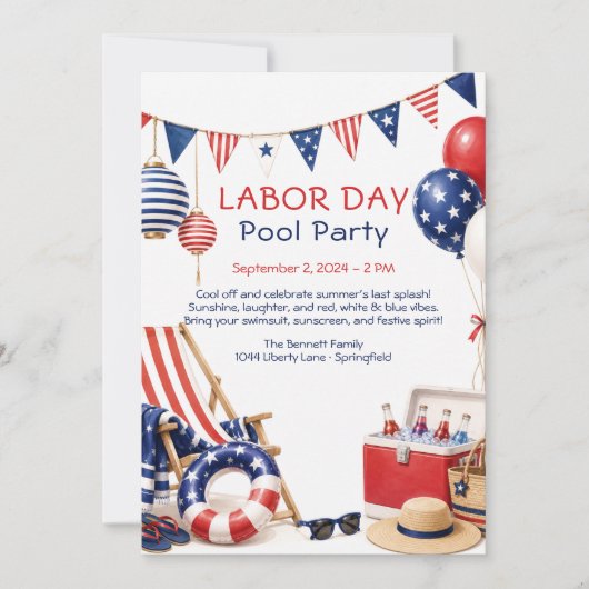Labor Day zwembadfeest uitnodiging rood wit en bla (Voorkant)