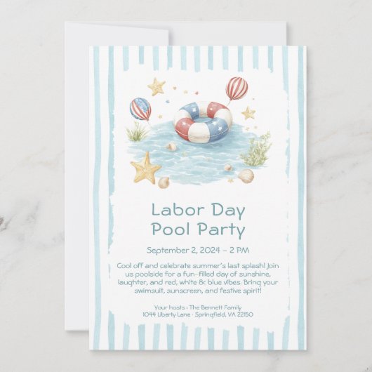 Labor Day zwembadfeest uitnodiging rood wit en bla (Voorkant)