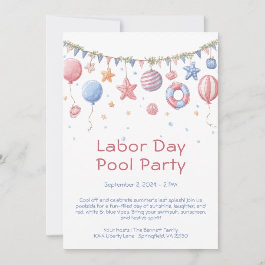 Labor Day zwembadfeest uitnodiging rood wit en bla (Voorkant)