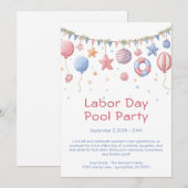 Labor Day zwembadfeest uitnodiging rood wit en bla (Voorkant / Achterkant)