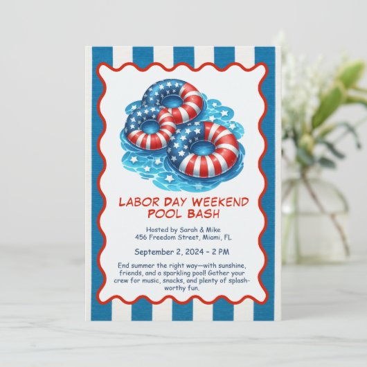 Labor Day zwembadfeest uitnodiging rood wit en bla (Staand voorkant)