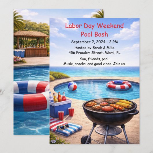 Labor Day zwembadfeest uitnodiging rood wit en bla (Voorkant / Achterkant)