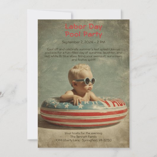 Labor Day zwembadfeest uitnodiging rood wit en bla (Voorkant)