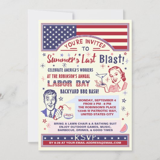 Labour Day BBQ Party | Retro Patriotic Summer Blas Kaart (Voorkant)