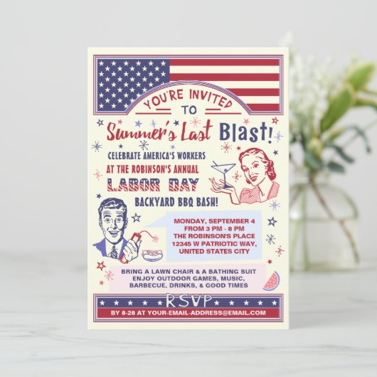 Labour Day BBQ Party | Retro Patriotic Summer Blas Kaart (Staand voorkant)
