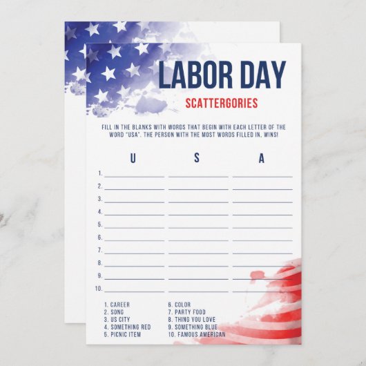Labour Day Games Patriotic USA Scattergories Game (Voorkant / Achterkant)