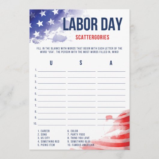Labour Day Games Patriotic USA Scattergories Game (Voorkant)