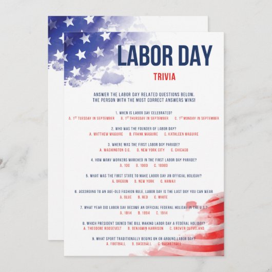 Labour Day Trivia Game USA Quiz Red White & Blue (Voorkant / Achterkant)
