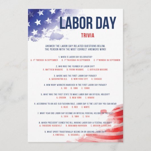 Labour Day Trivia Game USA Quiz Red White & Blue (Voorkant)