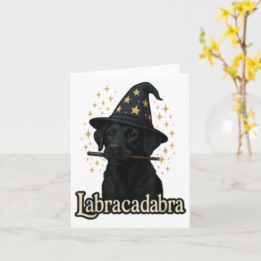 Labracadabra Grappig Zwart Lab Hond Tovenaar Hallo Kaart (Gele Bloem)