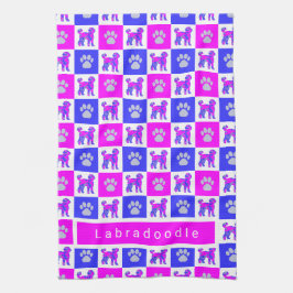 Labradoedle Dog & Paw Hot Pink & Blue Tea Towel Theedoek