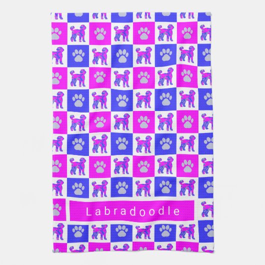 Labradoedle Dog & Paw Hot Pink & Blue Tea Towel Theedoek (Verticaal)