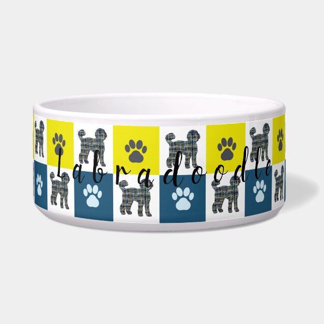 Labradoedle Dog & Paw Yellow & Blue Grid Dog Bowl Voerbakje (Voorkant)