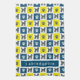 Labradoedle Dog & Paw Yellow & Blue Grid Tea Towel Theedoek