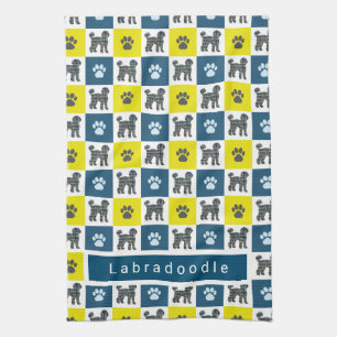 Labradoedle Dog & Paw Yellow & Blue Grid Tea Towel Theedoek