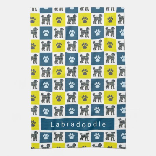 Labradoedle Dog & Paw Yellow & Blue Grid Tea Towel Theedoek (Verticaal)