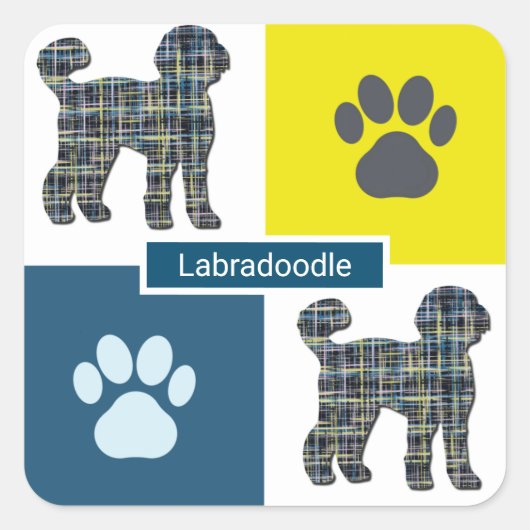 Labradoedle Dog Silhouette & Paw Y&B Grid Vierkante Sticker (Voorkant)