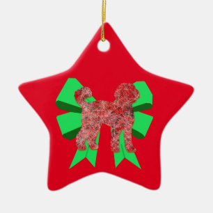 Labradoodle Dog Silhouette Green Bow Kerstmis Keramisch Ornament