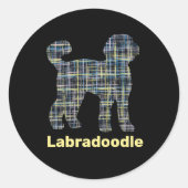 Labradoodle Dog Silhouette Yellow & Blue Grid Ronde Sticker (Voorkant)