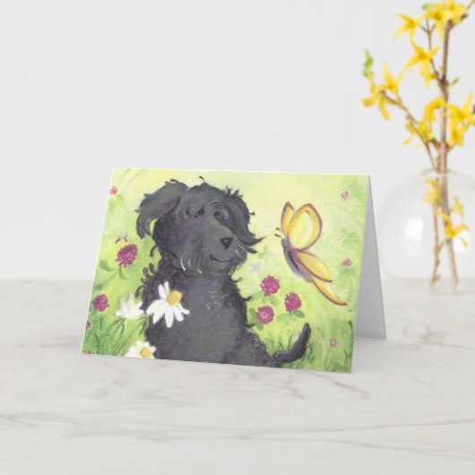Labradoodle Doodle Dog / Get Well Wenskaart Kaart (Gele Bloem)