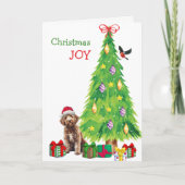 Labradoodle Hond, Vogel en Kerstboom Feestdagen Kaart (Voorkant)